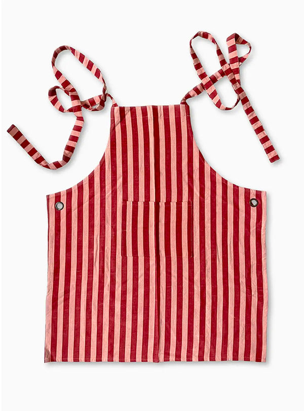 Tablier en coton - rayures grenade & rose