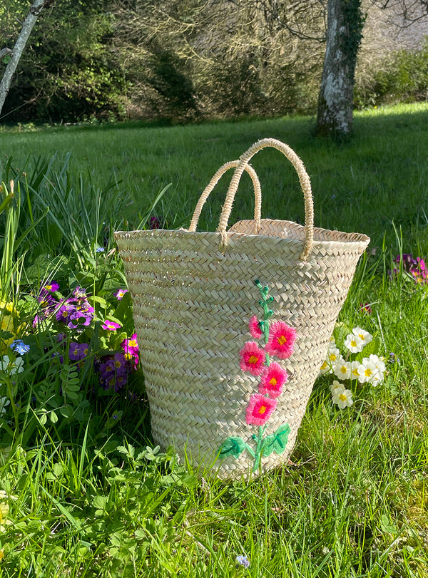 Panier en palme tressée - Broderie Rose tremière